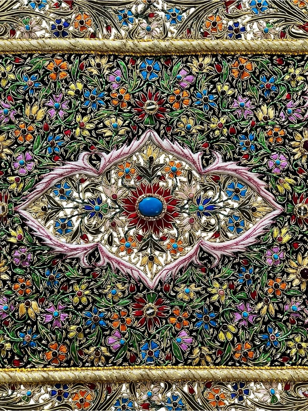 Esquisite Zardozi Style Metallic Embroidered Velvet Wall Tapestry Jeweled 20x25”